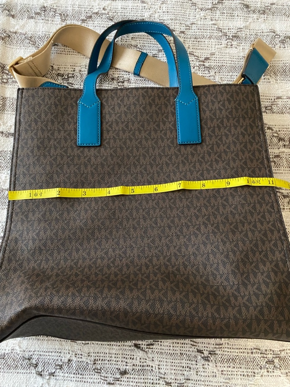 Michael Kors Teal-Trim Brown Monogram Tote with Gold Hardware - Picture 4 of 7